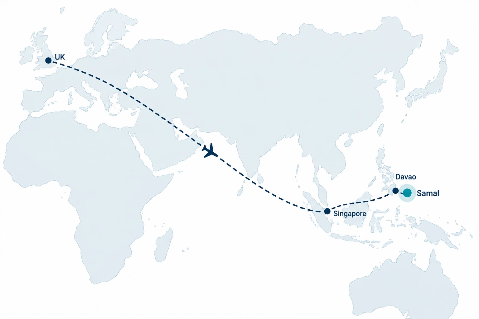 Map of the route from the UK to Singapore, then to Davao, then across to Samal Island.