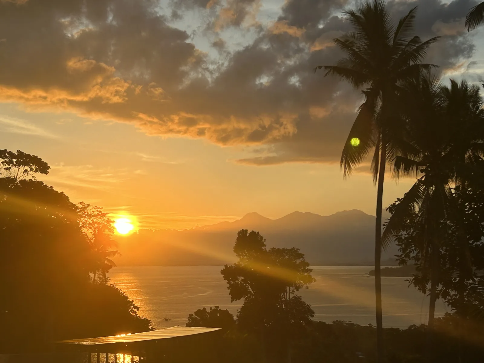 Sunset over the Davao Gulf with coconut palms in silhouette and mountains on the far shore.